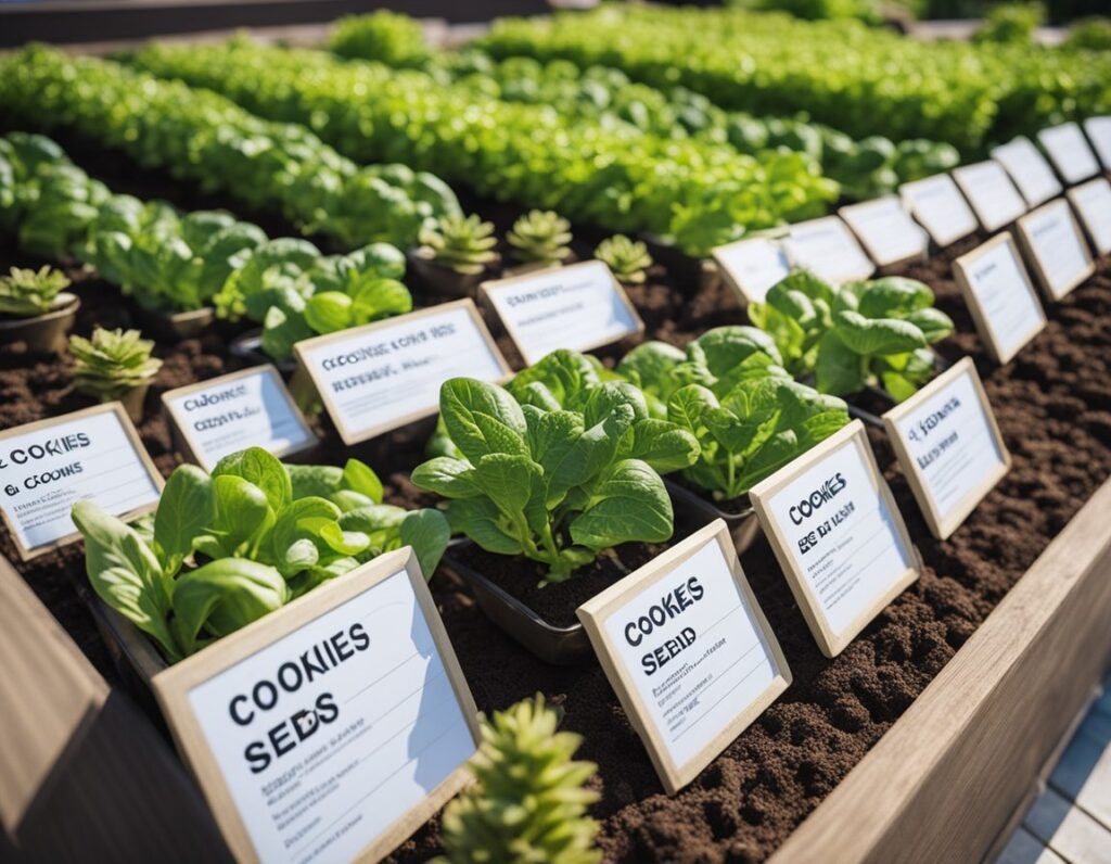 A vibrant garden with various plant species and labeled markers, including one labeled "Cookies Seesail." Greenery includes lettuce and other leafy plants in neatly organized rows. Key regulations are followed meticulously to ensure the safe growing of cookies seeds alongside other flora.