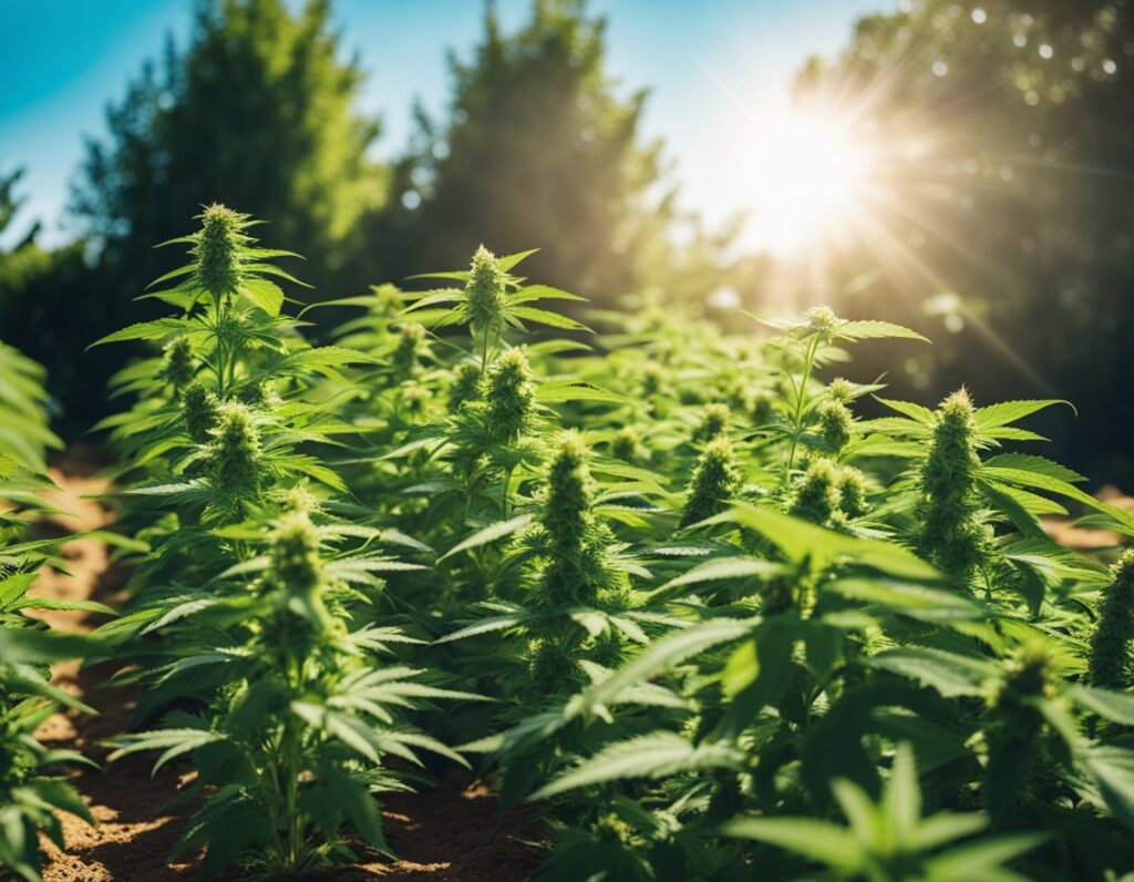 A sunlit field of cannabis plants with dense green foliage and flowering buds, surrounded by trees, showcases the potential for those using Cookies Seeds.