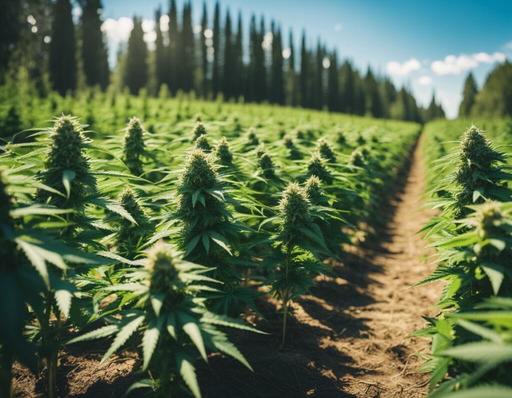 A wide view of a cannabis field under bright sunlight, with dense rows of green marijuana plants extending into the background, showcasing outdoor cultivation, all surrounded by tall trees.