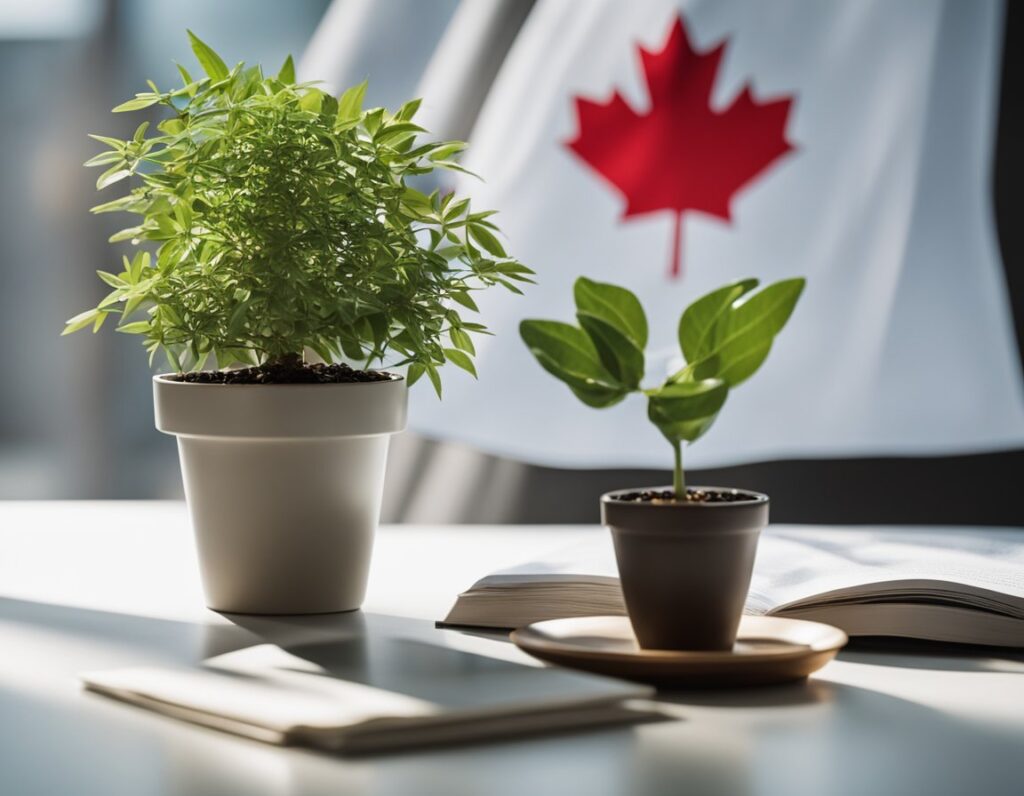 Two potted plants sit on a table alongside an open book on Canadian laws for growing, with a Canadian flag in the background.