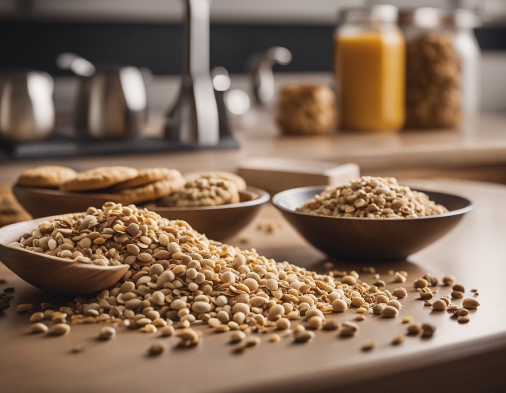 Wooden bowls filled with assorted dry legumes and grains are displayed on a kitchen countertop, alongside jars and kitchen utensils, evoking a charming US farmhouse style.