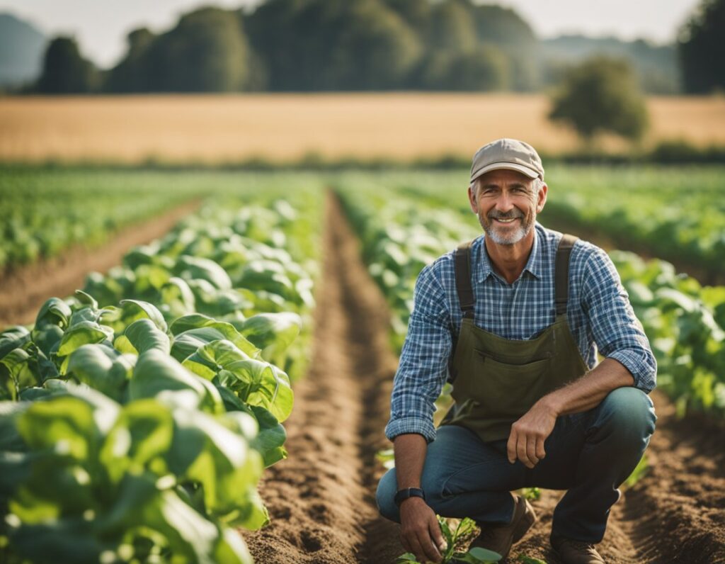 A farmer wearing a cap and overalls kneels between rows of leafy green vegetables in a field, smiling at the camera on a sunny day. Trees and a golden field are in the background, offering an idyllic scene straight out of an essential tips growing guide.