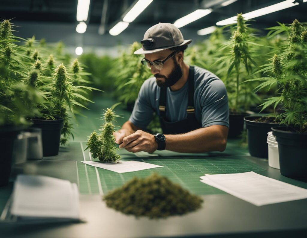 A man in protective gear inspects a cannabis plant in a commercial indoor cultivation facility, adhering to USA regulations. Gardening tools and papers are on the table, likely detailing the legal aspects of growing cookies seeds. Rows of cannabis plants are visible in the background.