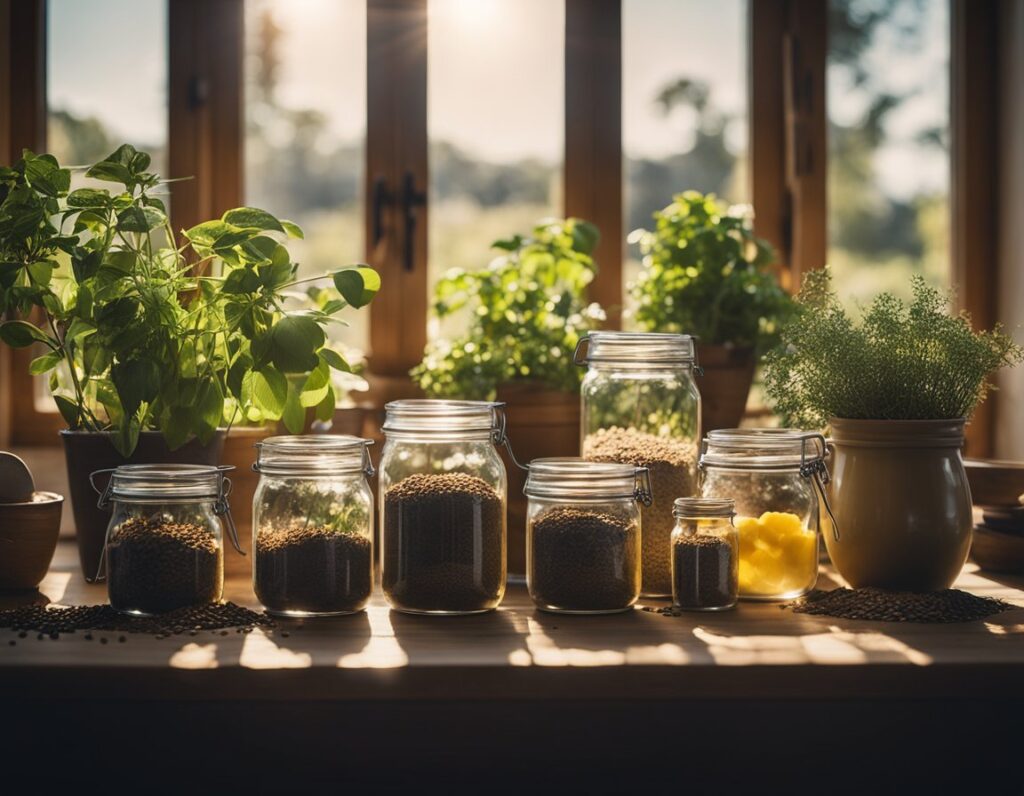 A wooden kitchen counter with jars of seeds and spices, surrounded by potted herbs and plants, with sunlight streaming through the windows in the background—truly an essential success for any home chef.