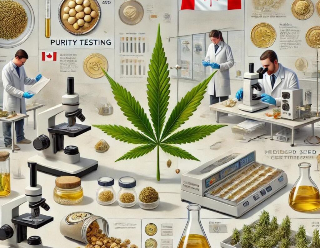 Scientists in lab coats meticulously test and analyze cannabis samples, ensuring compliance with Canadian laws. The scene is filled with microscopes, test tubes, growing cookies seeds, cannabis plants, oil bottles, and a Canadian flag indicating rigorous purity testing procedures.