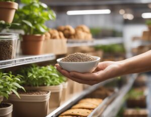 A hand holds a bowl filled with small brown seeds against a background of various potted plants and gardening supplies on shelves, promising the success of your organic garden with these potential Organic Cookies Seeds.