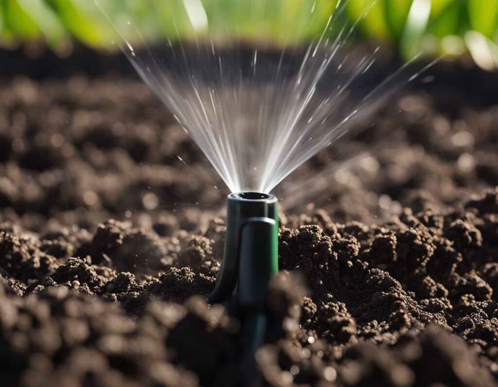 Close-up of a garden sprinkler watering soil in a garden bed, employing optimal watering techniques, with green plants visible in the background.