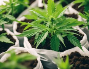 Close-up of several young cannabis plants in white fabric pots, growing in nutrient-rich soil with visible green leaves reaching towards the light, aiming for optimal yield.