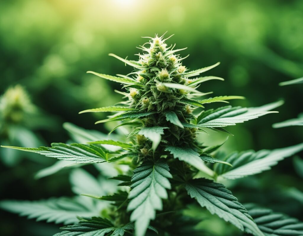 Close-up of a cannabis plant with dense green leaves and budding flowers, set against a blurred green background. Sunlight is visible at the top, enhancing the vibrant greenery. Originating from reputable Cookies Seeds in the US, this strain exemplifies meticulous pest management practices.