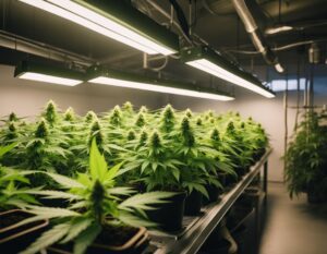 Indoor cannabis plants grown from Cookies seeds thrive under grow lights in a climate-controlled environment.