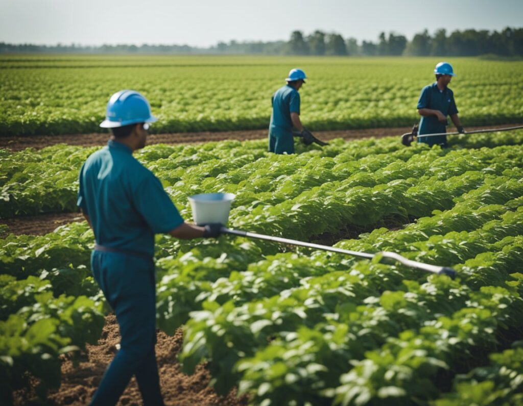 Workers wearing blue helmets and uniforms are seen harvesting crops in a large, green agricultural field under a clear sky.