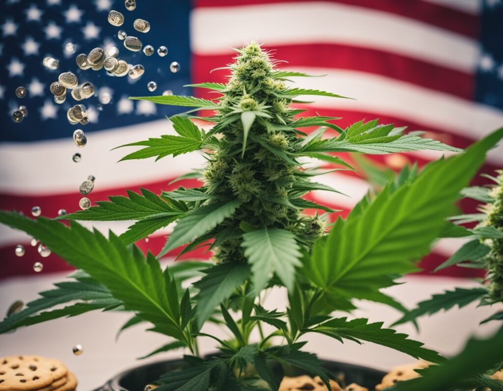 A cannabis plant surrounded by coins and cookies seeds, with an American flag in the background.