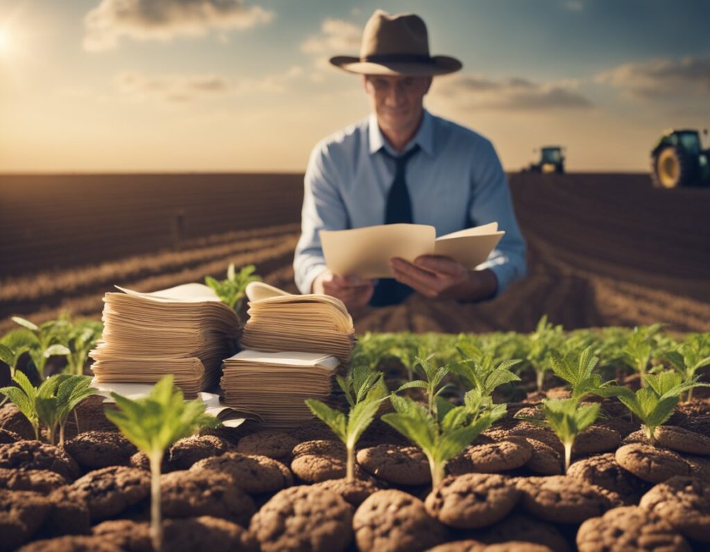 A person wearing a hat and tie examines paperwork in a field, perhaps checking USA regulations. In the foreground are young plants growing in soil, possibly Growing Cookies Seeds. Tractors can be seen in the distant background.