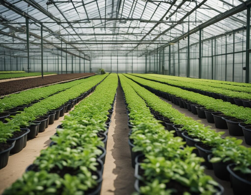 Rows of green plants in black pots, enriched with essential nutrients, are neatly arranged inside a large, sunlit greenhouse.