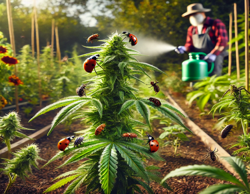 Ladybugs dot a cannabis plant in a garden, while a person in protective gear sprays nearby, embracing the Canadian Way through organic cultivation.