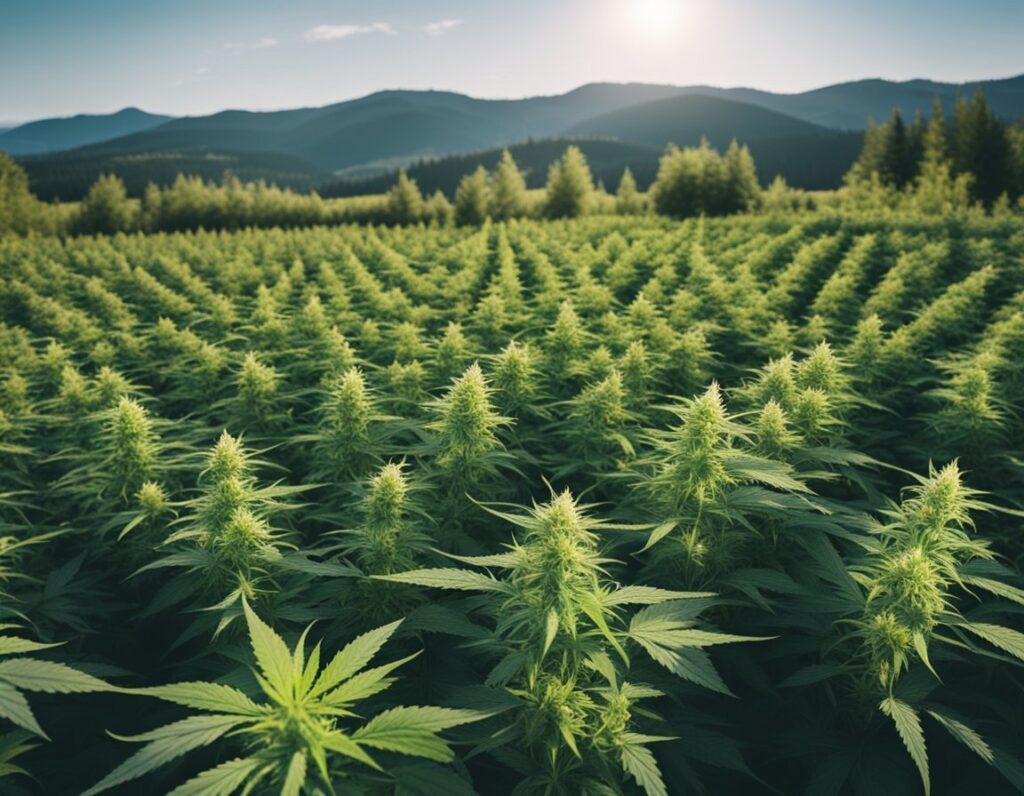 Field of tall green plants with dense foliage growing under sunlight, surrounded by trees and mountain landscape in the background