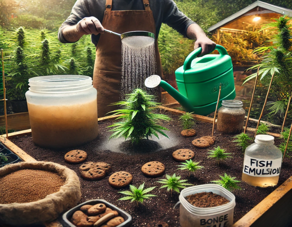 In a greenhouse setting, a person is nurturing a small cannabis plant with a green watering can, surrounded by gardening essentials like fish emulsion, soil, and pots. The scene embodies organic cultivation, possibly involving Canadian Cookies Seeds for an authentic touch.