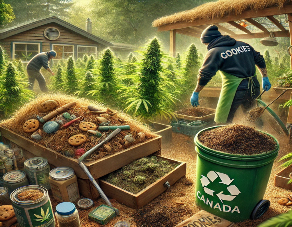 In a Canadian greenhouse, people tend to large cannabis plants, showcasing organic cultivation methods. A cart brimming with soil and gardening tools sits in the foreground, next to a recycling bin labeled "Canada.