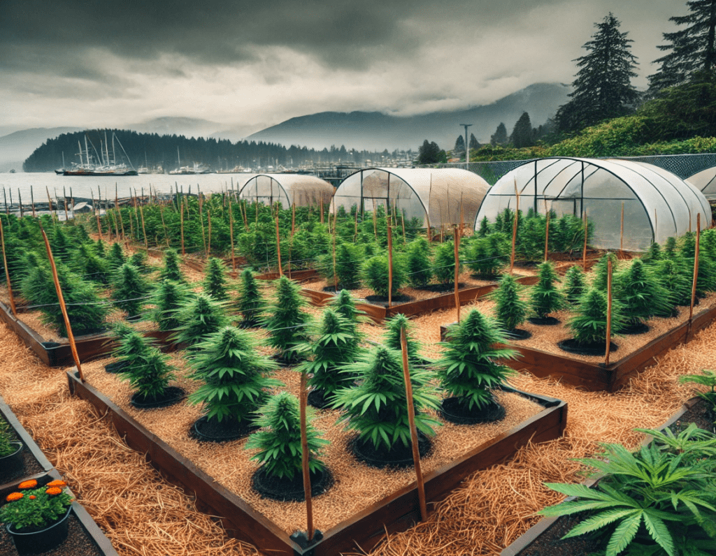 depicting the outdoor cannabis garden in Vancouver's coastal environment, focusing on managing high humidity and rainfall. The garden includes raised beds, protective hoop houses, and companion plants for natural pest control.