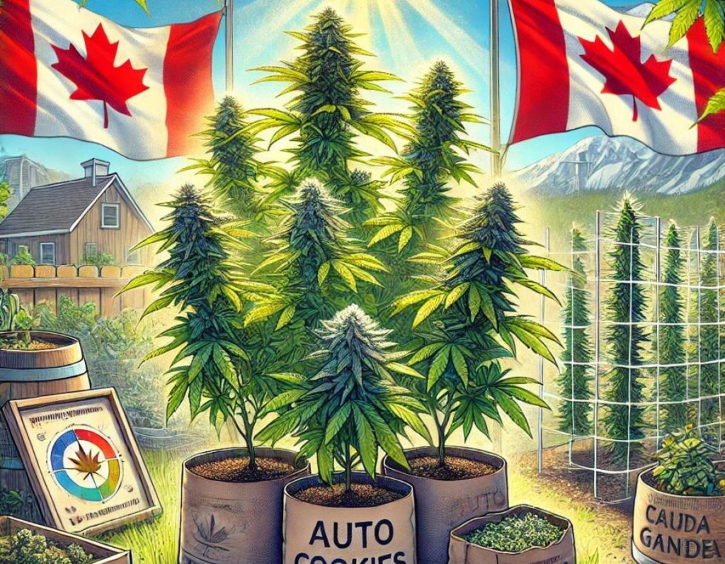 Cannabis plants in outdoor pots labeled "Auto Cookies," flourish in what could be considered one of the best Canadian Gardens, complete with flags above and mountains in the background.