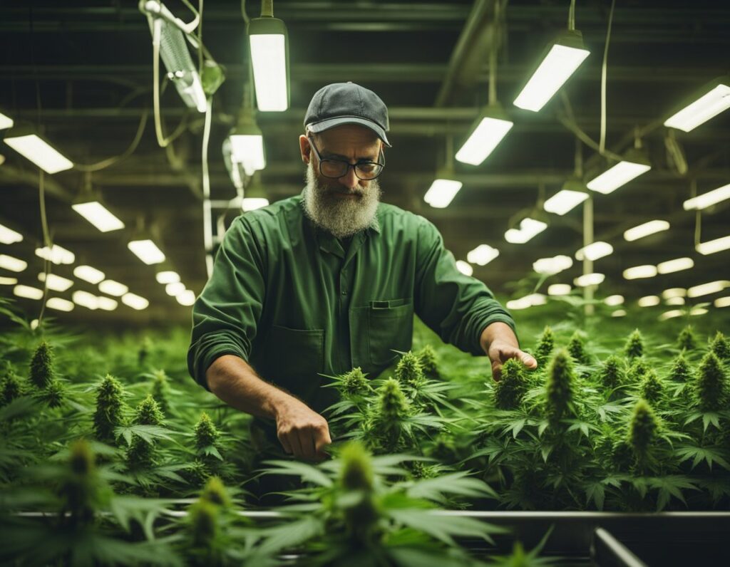 Bearded man in a green uniform inspecting cannabis plants in an indoor cultivation facility under bright lights