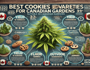 Infographic showcasing cannabis plant varieties for Canadian gardens, featuring yields, flavors, and optimal growing conditions, with Cookies Seeds and plants as visuals.