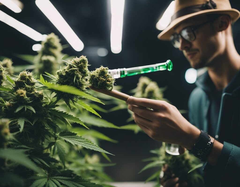 Man inspecting cannabis buds with a magnifying tool in an indoor cultivation facility, surrounded by plants under bright lights.