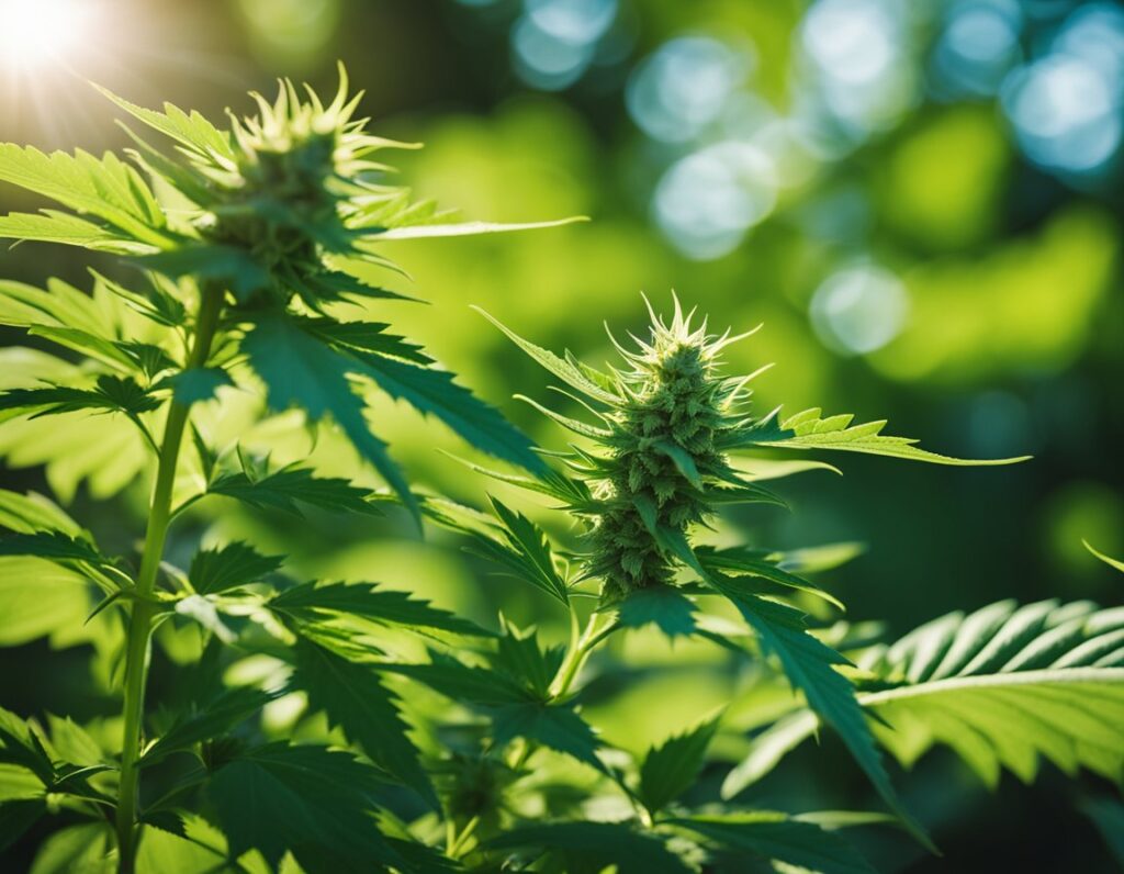 Close-up of a cannabis plant with green leaves and a bud, illuminated by sunlight in a natural outdoor setting.