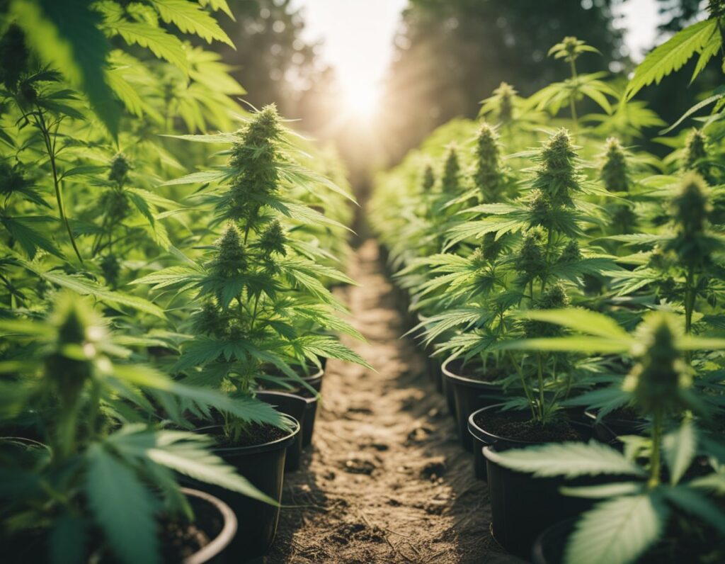 Rows of potted cannabis plants growing outdoors under natural sunlight, with lush green foliage and mature buds, creating a serene and productive cultivation environment.