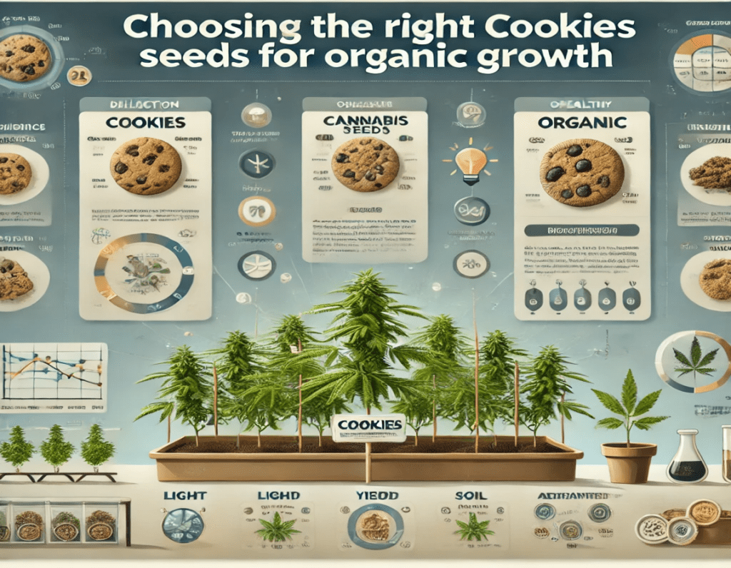 Infographic comparing Cookies Seeds, cannabis, and organic seeds for growth. Features charts, plant illustrations, and growth factors like light and soil. Emphasizes Canadian trends in organic cultivation for a sustainable future.