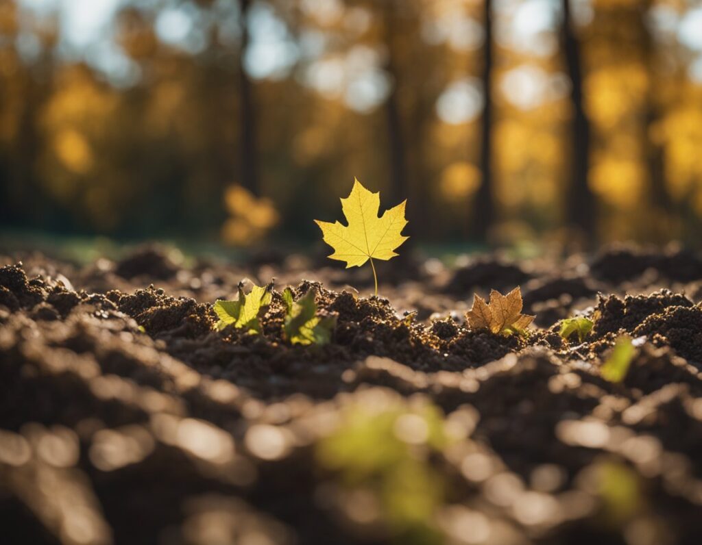 Close-up of a single yellow maple leaf standing upright in soil, with blurred autumn trees in the background.