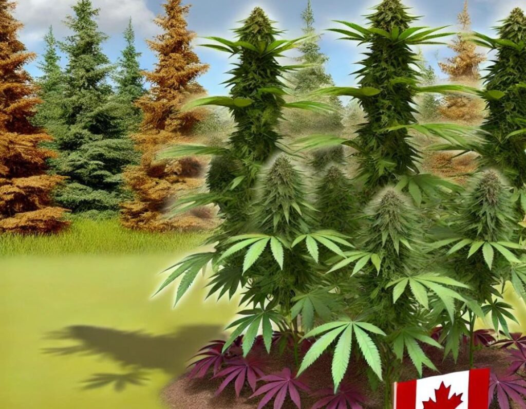 Cannabis plants flourish in a field alongside a small Canadian flag, with conifer trees framing the backdrop. This vibrant scene showcases the diverse varieties cultivated in Canadian gardens.