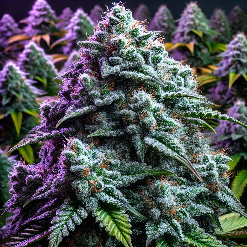 Close-up of a cannabis plant with dense buds and frosty trichomes, surrounded by green leaves and lit with purple lighting.