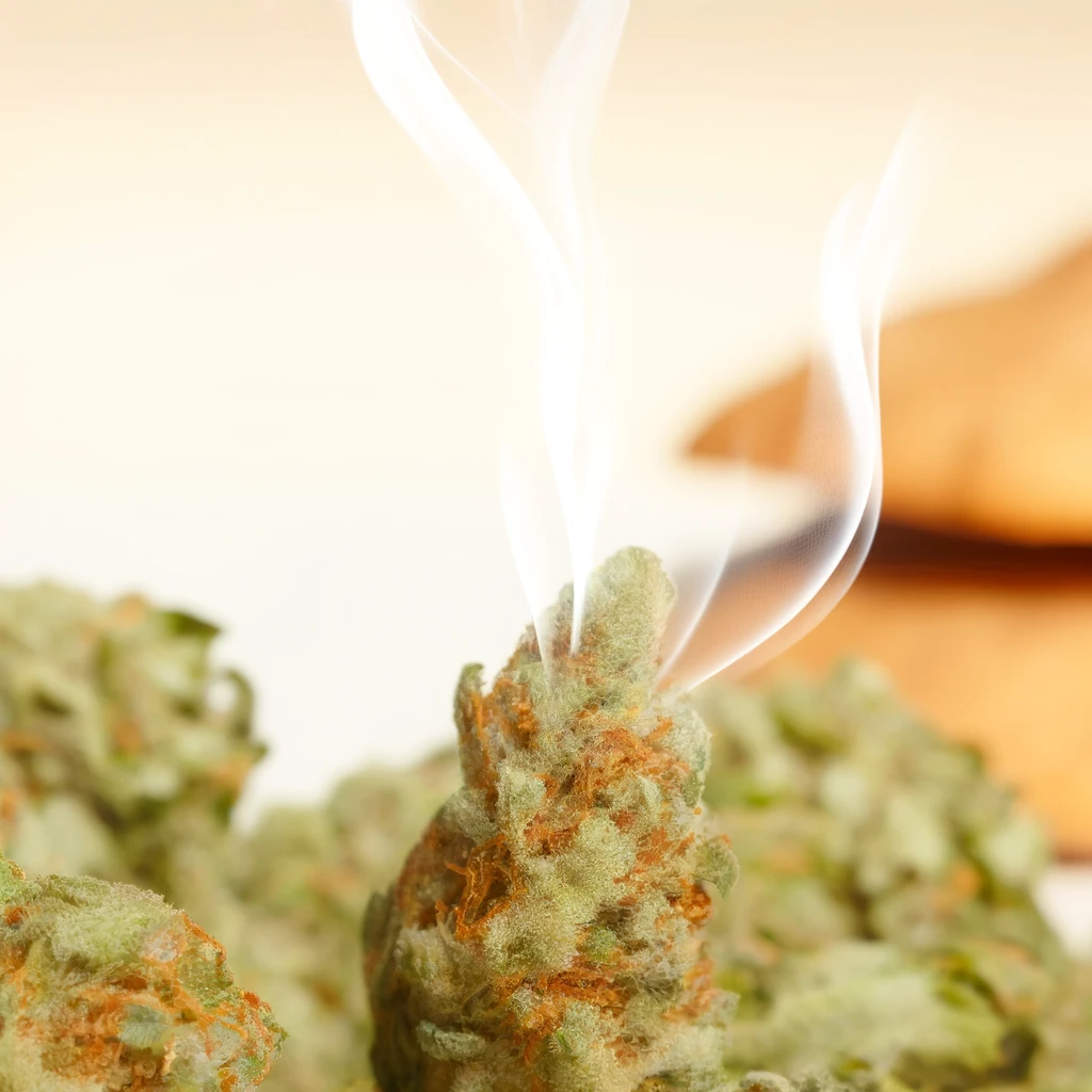 Burning cannabis bud with white smoke rising from the top.