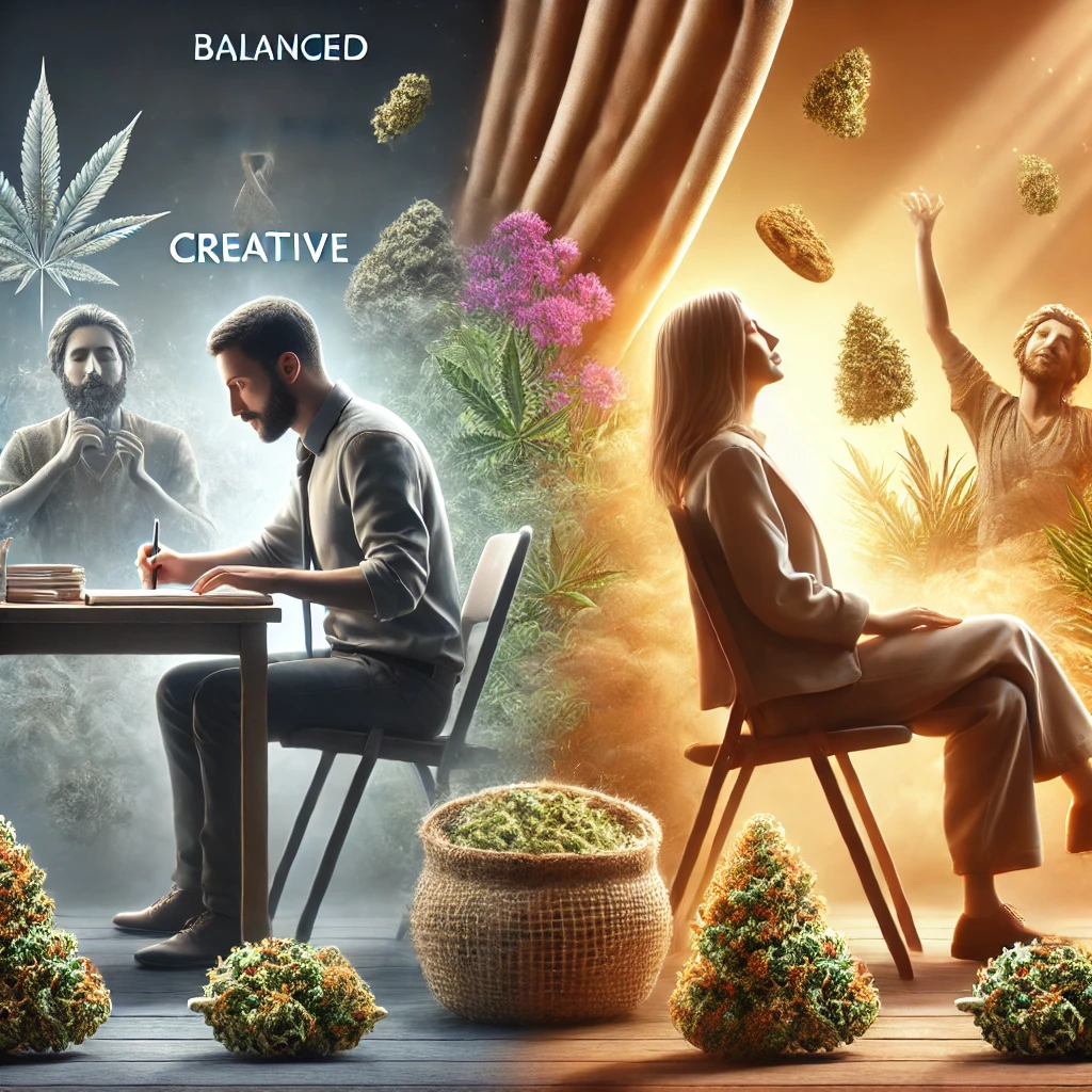 A man works at a desk labeled "Balanced," surrounded by cannabis plants, while a woman relaxes labeled "Creative," in a contrasting warm setting with cannabis flowers.