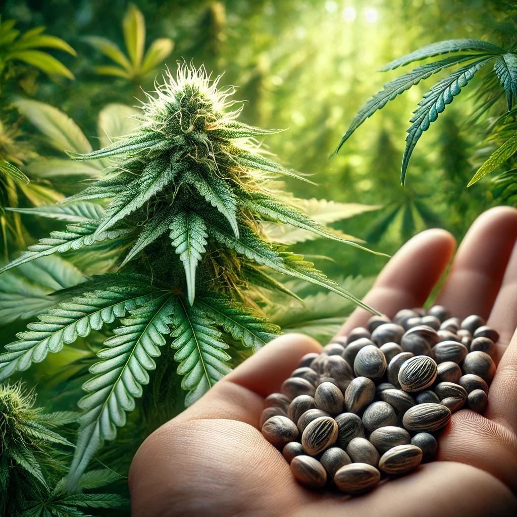 A hand holds a pile of cannabis seeds with a cannabis plant and green foliage in the background.