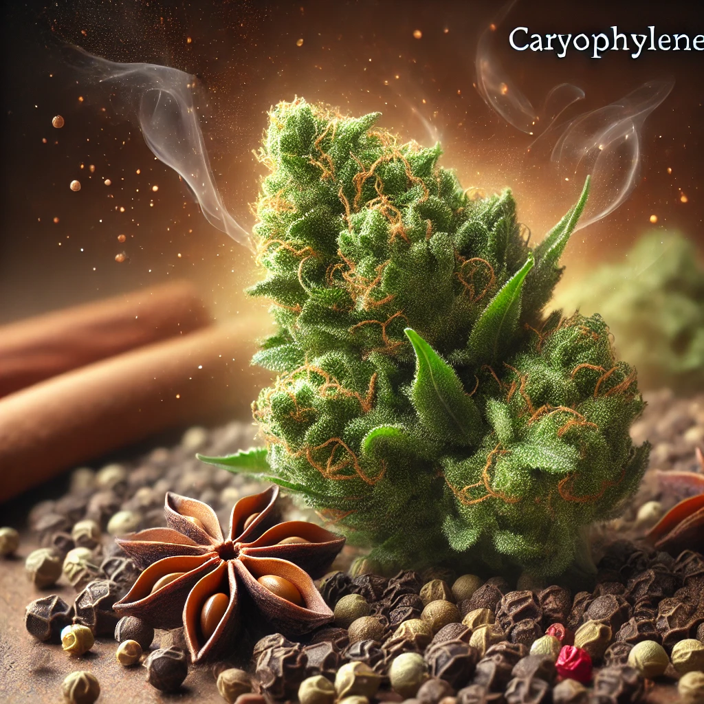 A cannabis bud surrounded by various spices, including star anise and peppercorns, with the word "Caryophyllene" in the background.