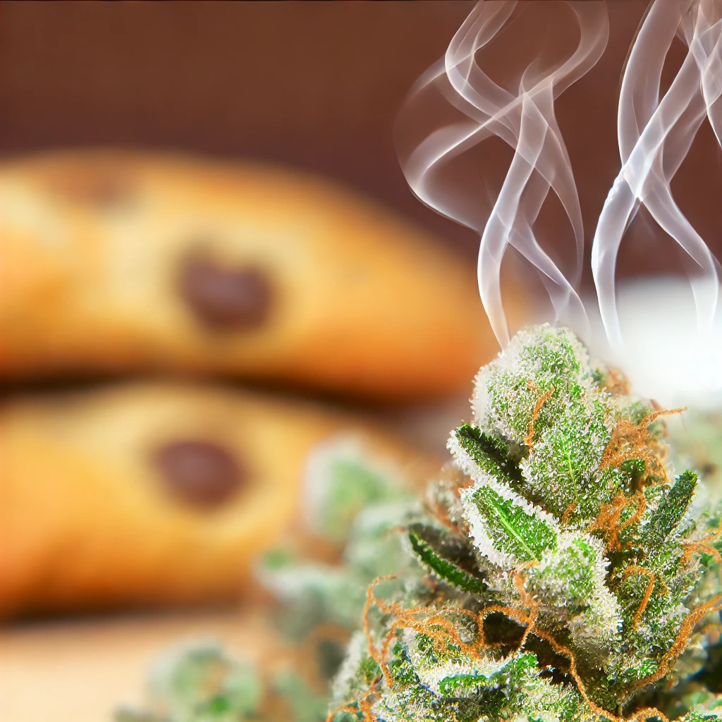 A close-up of a cannabis bud with visible trichomes and steam rising. In the background, there are two blurred chocolate chip cookies.