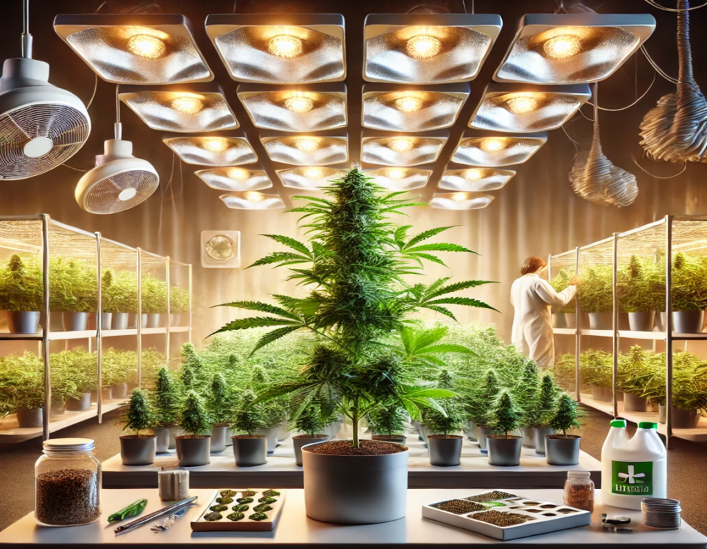 Large indoor cannabis growing room with mature cannabis plant in foreground, cultivation equipment, grow lights, and a technician tending plants on shelving in background.