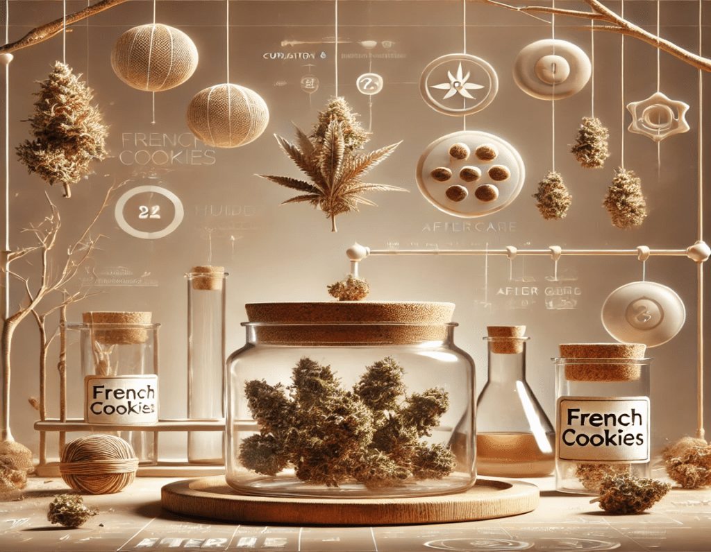 Artistic display of cannabis buds labeled 'French Cookies' in glass jars, surrounded by botanical decor, suspended leaves, and scientific elements against a beige background.