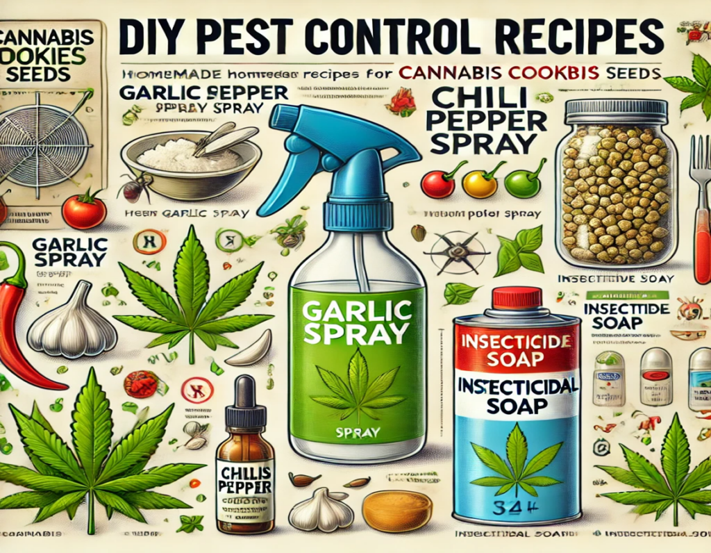 Illustrated DIY pest control recipes featuring garlic spray, chili pepper spray, and insecticidal soap are complemented by images of cannabis seeds, herbs, and equipment. Discover effective pest control methods that keep your herb garden thriving naturally.