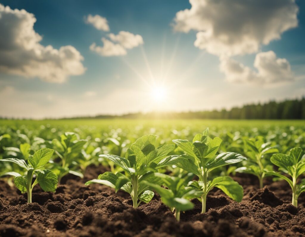 Young green plants growing in dark soil under a bright sunlit sky with scattered clouds