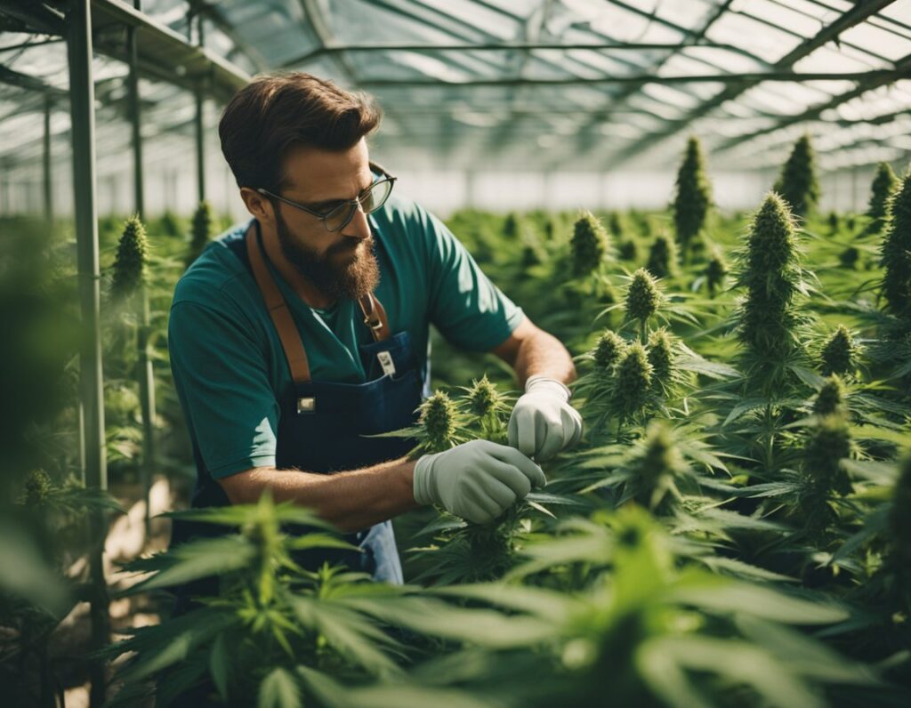 Man in a greenhouse carefully inspecting cannabis plants while wearing gloves and an apron