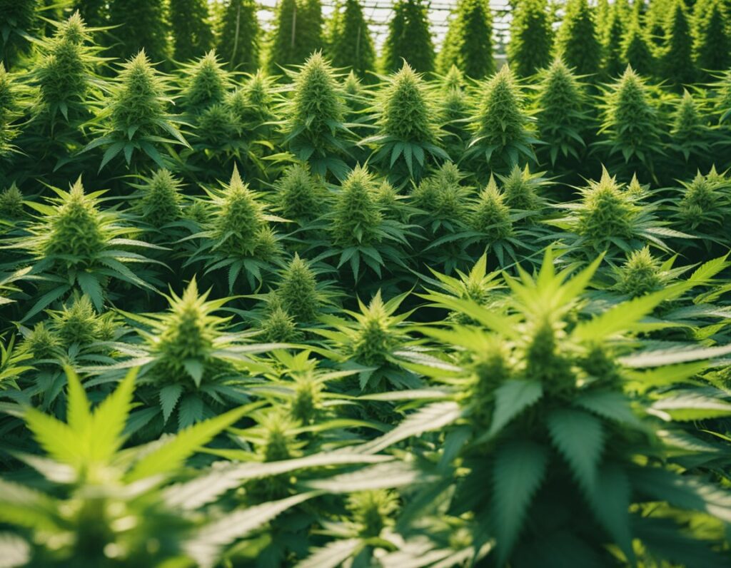 Dense rows of tall green plants with lush foliage and buds growing under bright sunlight in an indoor cultivation setup