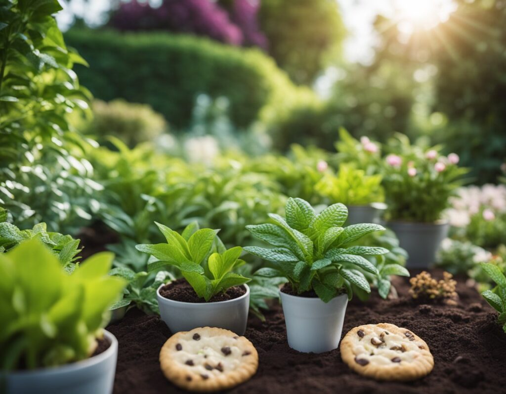 Garden with various potted plants on soil, surrounded by fresh greenery and sunlight, with chocolate chip cookies placed on the ground in the foreground.