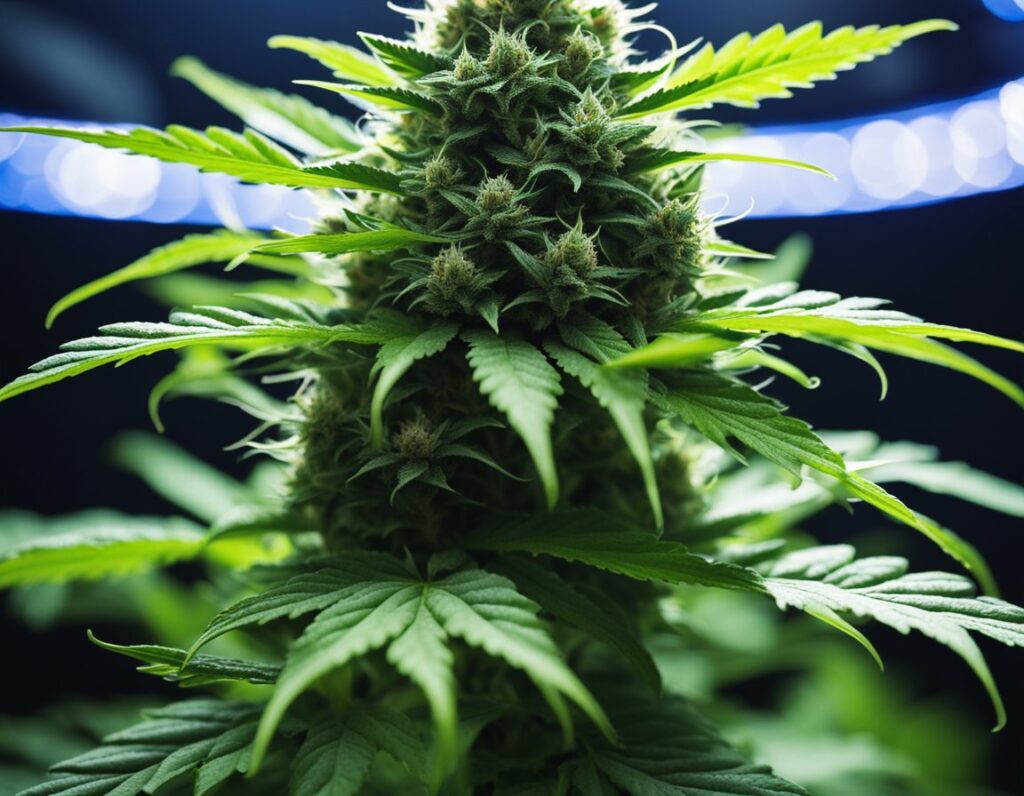 Close-up of a mature cannabis plant with dense buds and vibrant green leaves under grow lights.