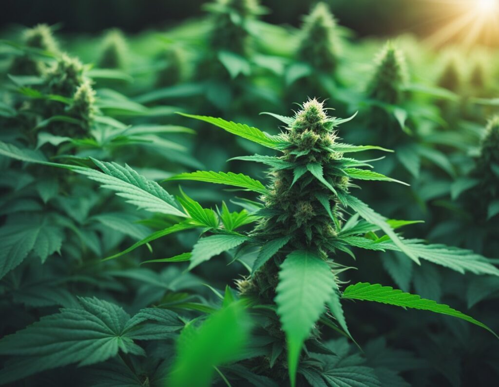 Close-up of cannabis plants with green leaves and buds in a field under sunlight.