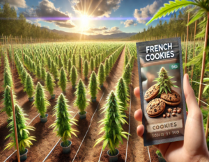 deal outdoor climate for French Cookies feminized seeds in the USA, featuring a lush cannabis field with rows of plants under bright sunlight, and a close-up of a hand holding a package labeled 'French Cookies' with cannabis buds and cookies on the design.