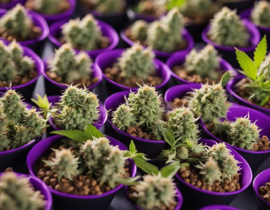 Rows of young cannabis plants with buds growing in purple pots filled with soil and pebbles.