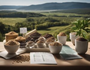 Assortment of seeds, grains, and powders displayed in bowls on a table with green hills and fields in the background, accompanied by informational sheets.